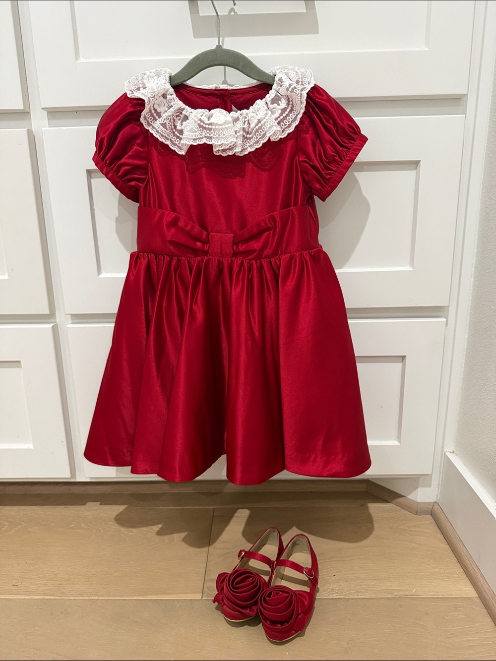 American Girl x Janie and Jack, Red Satin Dress with White Lace Collar